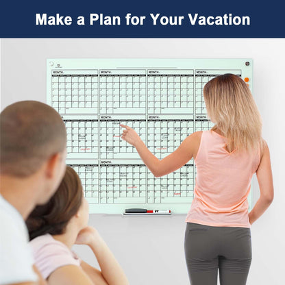 TSJ OFFICE Glass Calendar Whiteboard - 48 x 36 Inches Wall Mounted Yearly Calendar Dry Erase Board, Large Magnetic Glass White Board for Office, Home & School