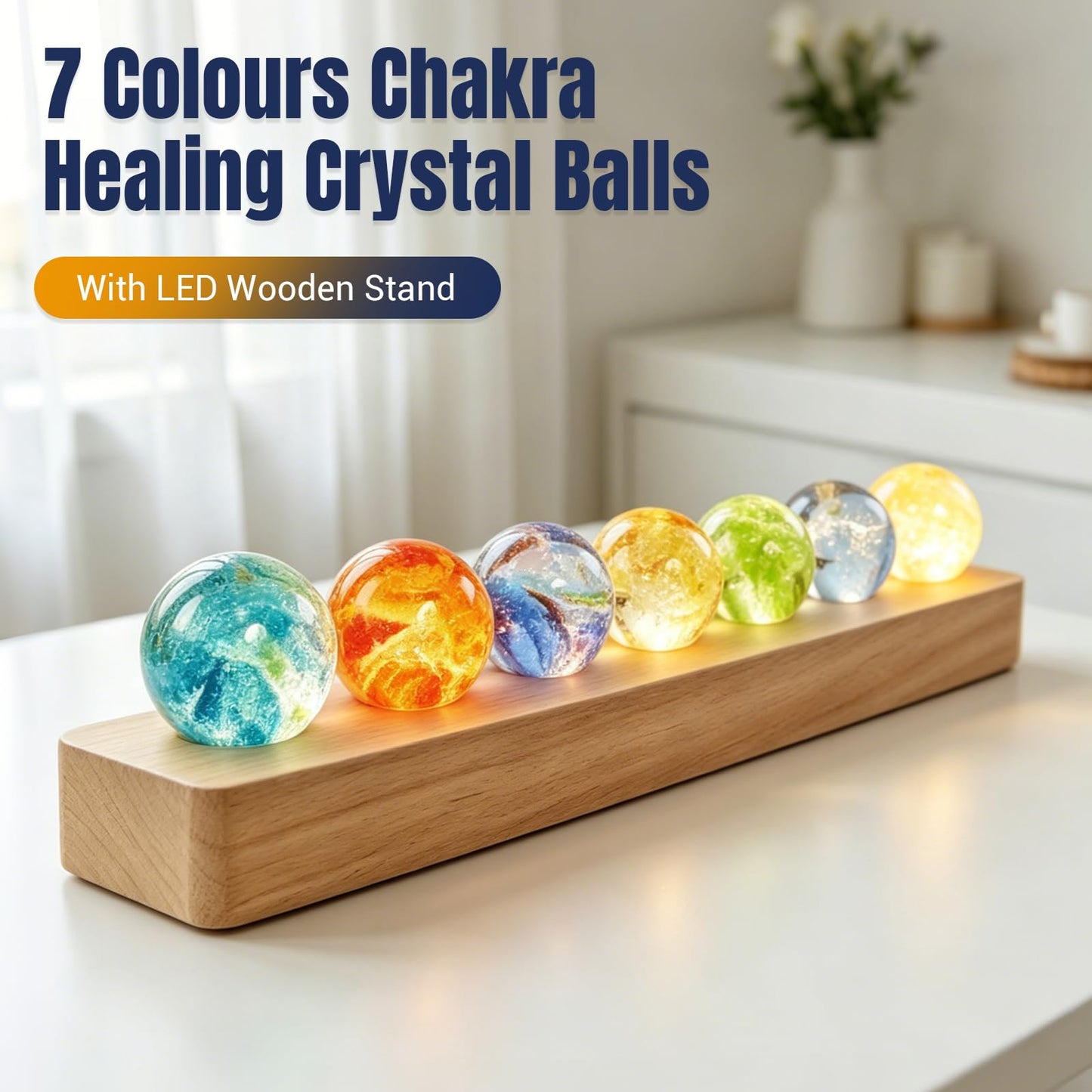 LOSCHEN 7 Chakra Natural Healing Spheres with LED Wooden Stand 40mm Crystal Quartz Stones for Meditation Energy Balancing Decor, Yoga Zen Home Office Desk Ornament