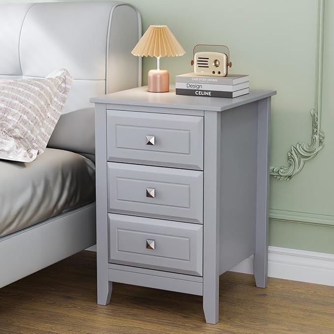 Bonnlo Gray Nightstand with 3 Drawers, Modern Night Stand