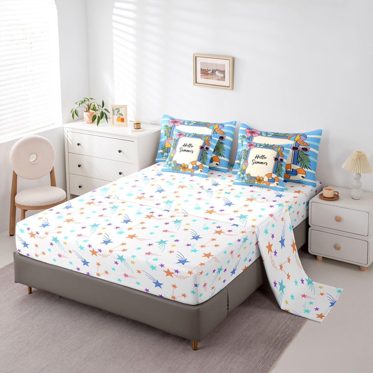Erosebridal Summer Coastal Beach Queen Bedding Set Hibiscus Flower Palm Comforter Set with Flat and Fitted Sheet Kids Adults Blue Geometric Stripes 7-Piece Bed in a Bag Pool Hello Summer Quilt Sets