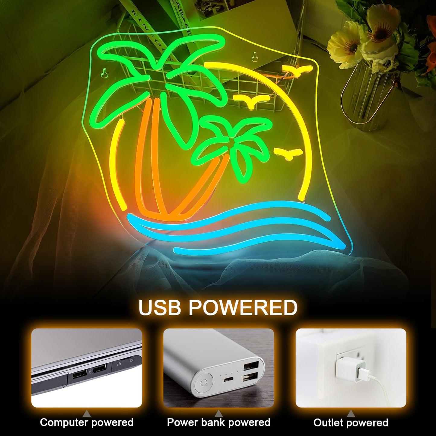 NOSUN Tropic Palm Tree Neon Signs for Wall Decor Hawaiian LED Neon Lights Coconut Tree Tropic Neon Signs for Bedroom Bar Party Men Cave Game Room Sea Neon Light Sign Tropic Wall Art Decor