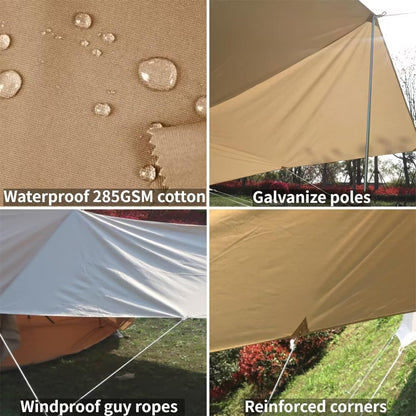 DANCHEL OUTDOOR Waterproof Bell Tent Awning Camping Tarp – Portable Entrance 4 Season Canopy Cover with 6.5ft Poles, Khaki 13x9.8ft Glamping Accessories