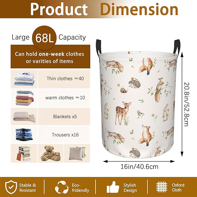 Deer Hedgehog Fox Bunny Squirrel Forest Laundry Basket, Waterproof Foldable