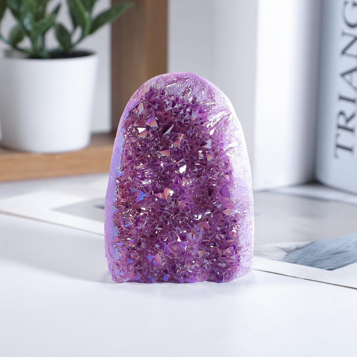 mookaitedecor Angel Aura Quartz Geode Crystal Cluster Specimen, Titanium Coated Rock Crystal Stone Mineral for Home Decor & Collector's Gift 0.44-0.66 LB, Purple