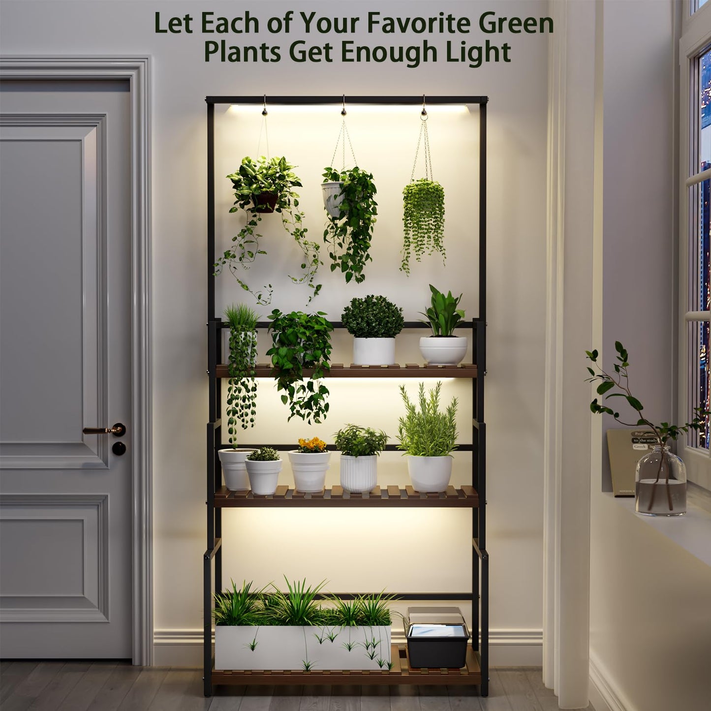 Nedechom Hanging Plant Stand with Grow Light, 3 Tier Metal Plant Stand for Indoor Plants Multiple, Large Plant Shelf Display Holder, Ladder Shape Plant Rack for Living Room, Patio, Balcony