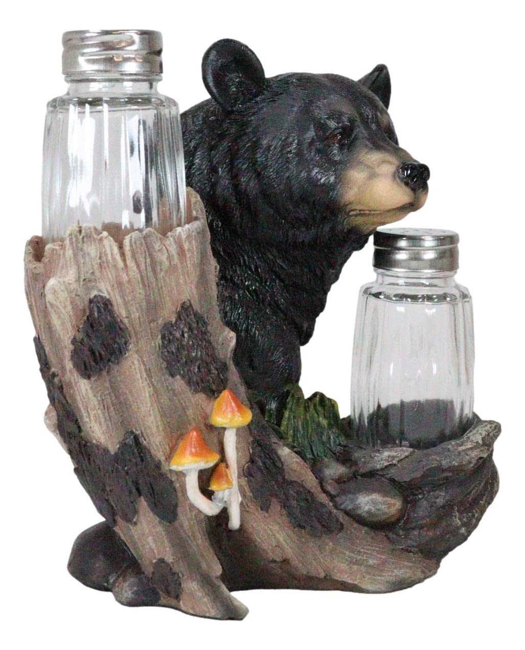 Ebros Gift Whimsical Black Bear By Toadstool Mushrooms Tree Branch Forest Woods Salt And Pepper Shakers Holder Figurine Set Rustic Bear Cabin Lodge Decor