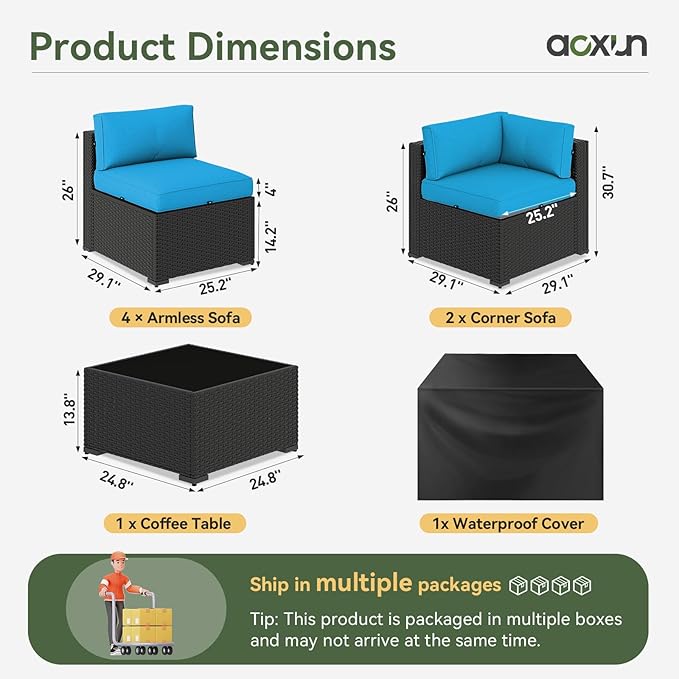 Aoxun 7 Piece Patio Furniture Set, Wicker Rattan Patio Sectional Sofa, Outdoor