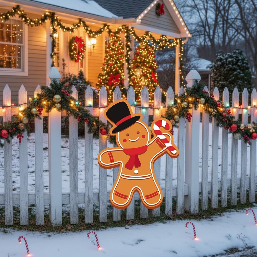 Christmas Gingerbread Man Ginger Bread Classic Yard Sign for Home Decor and Lawn Decoration With Stakes, Green Merry Christmas Sign Tree Top Hat