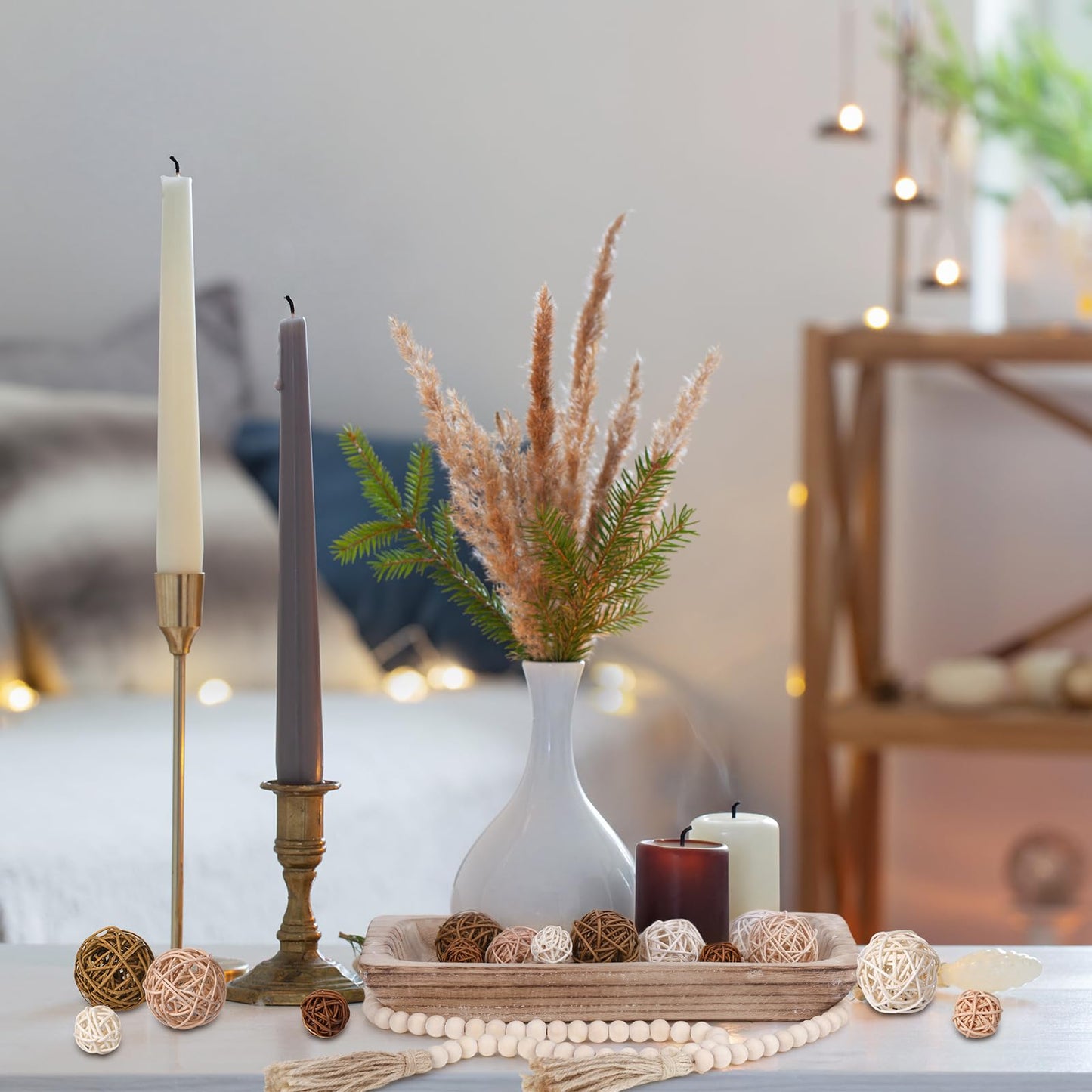 Teenyyou 17 Pcs Wooden Centerpiece Table Decorations Wood Dough Bowl Wicker Rattan Balls Beads String with Tassel Natural Decorative Tray Rustic Bowl Filler for Dining Room Kitchen(White)