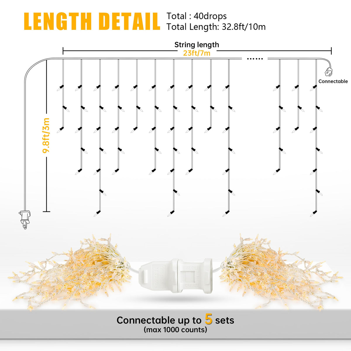 YOUNGAR Icicle Lights Outdoor, 23FT 200 Connectable Icicle Christmas Lights,Warm White Plug in Curtain String Lights for Indoor Wedding Party Holiday Xmas Yard Patio Window Decoration