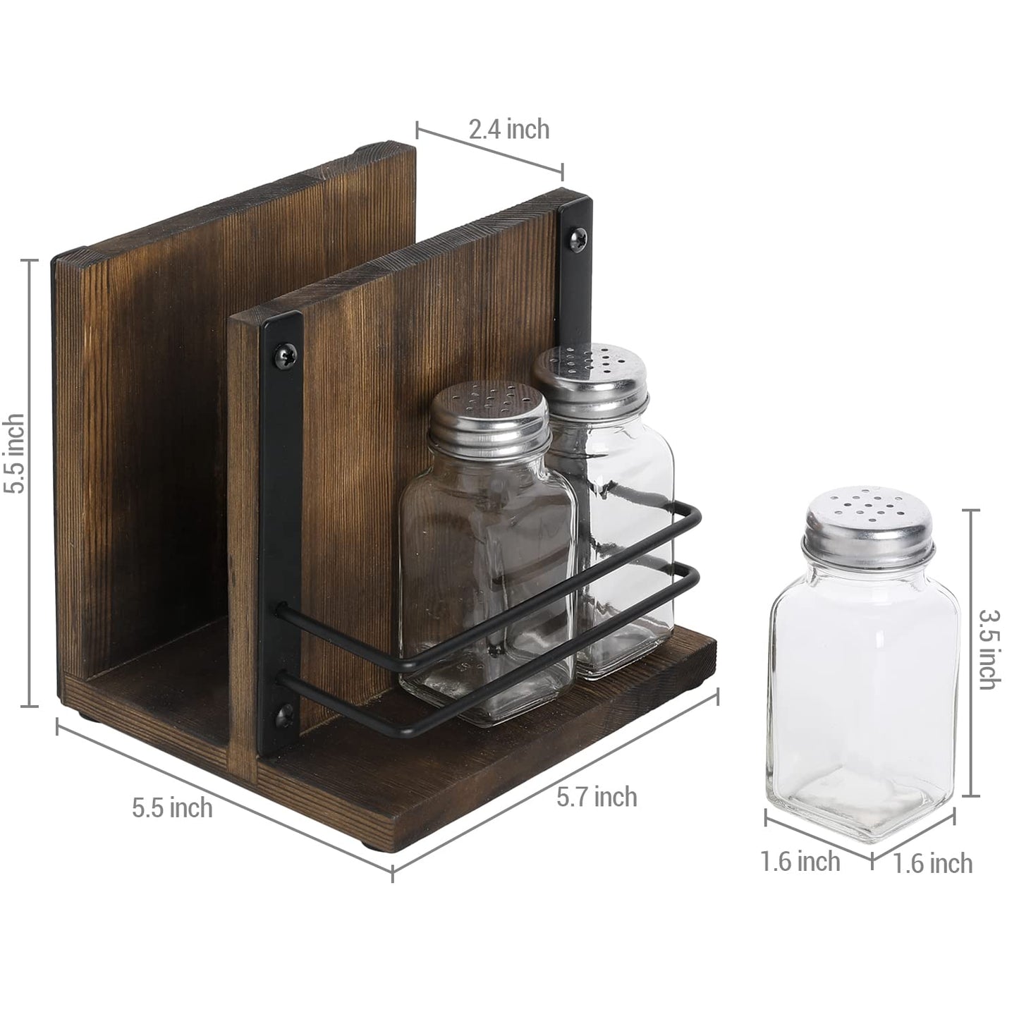 MyGift Napkin Holder with Salt and Pepper Shakers Set, Wood Tabletop Napkin Dispenser with Condiment Organizer and 3 Glass Shakers, Rustic Kitchen Décor
