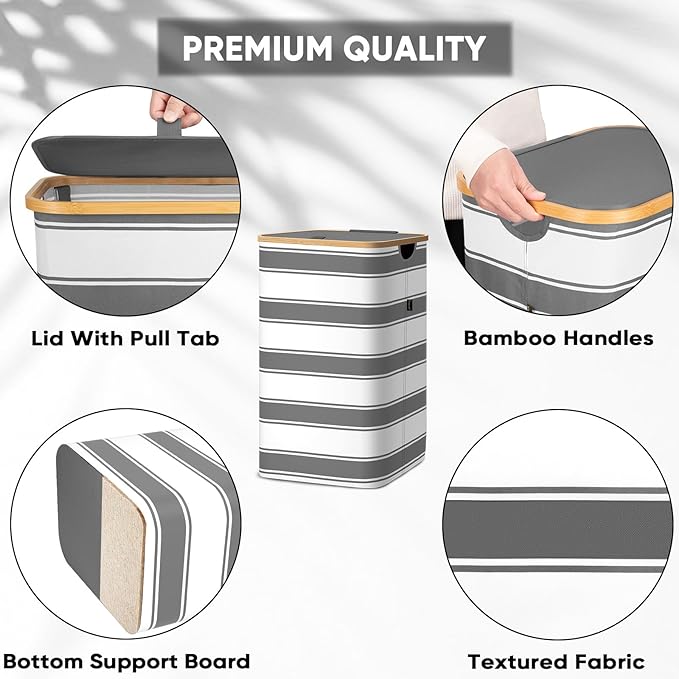 BALEINE Laundry Hamper with Lid, Tall Laundry Baskets with Bamboo Pull Handles