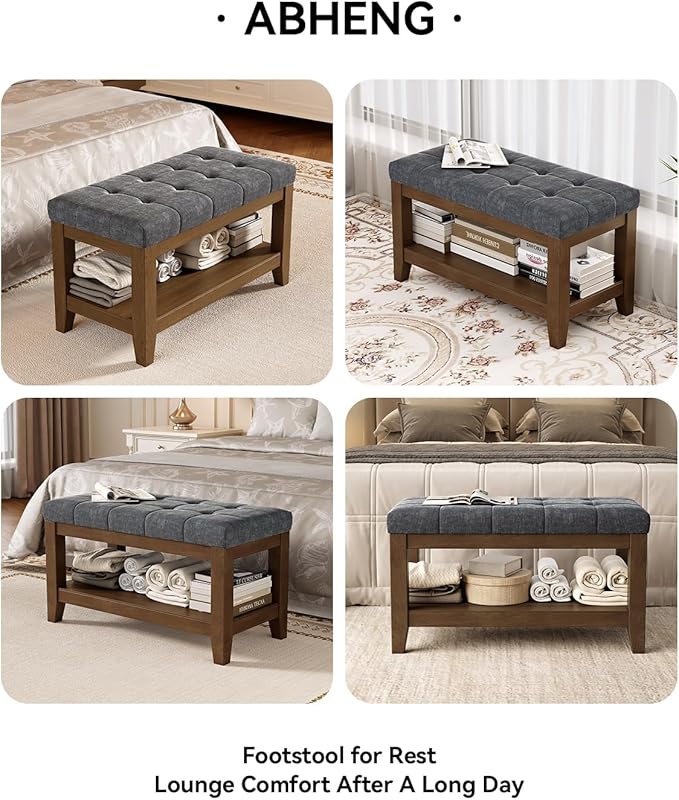 ABHENG Solid Rubber Wood Shoe Bench, Soft Chenille Material Upholstered Seat