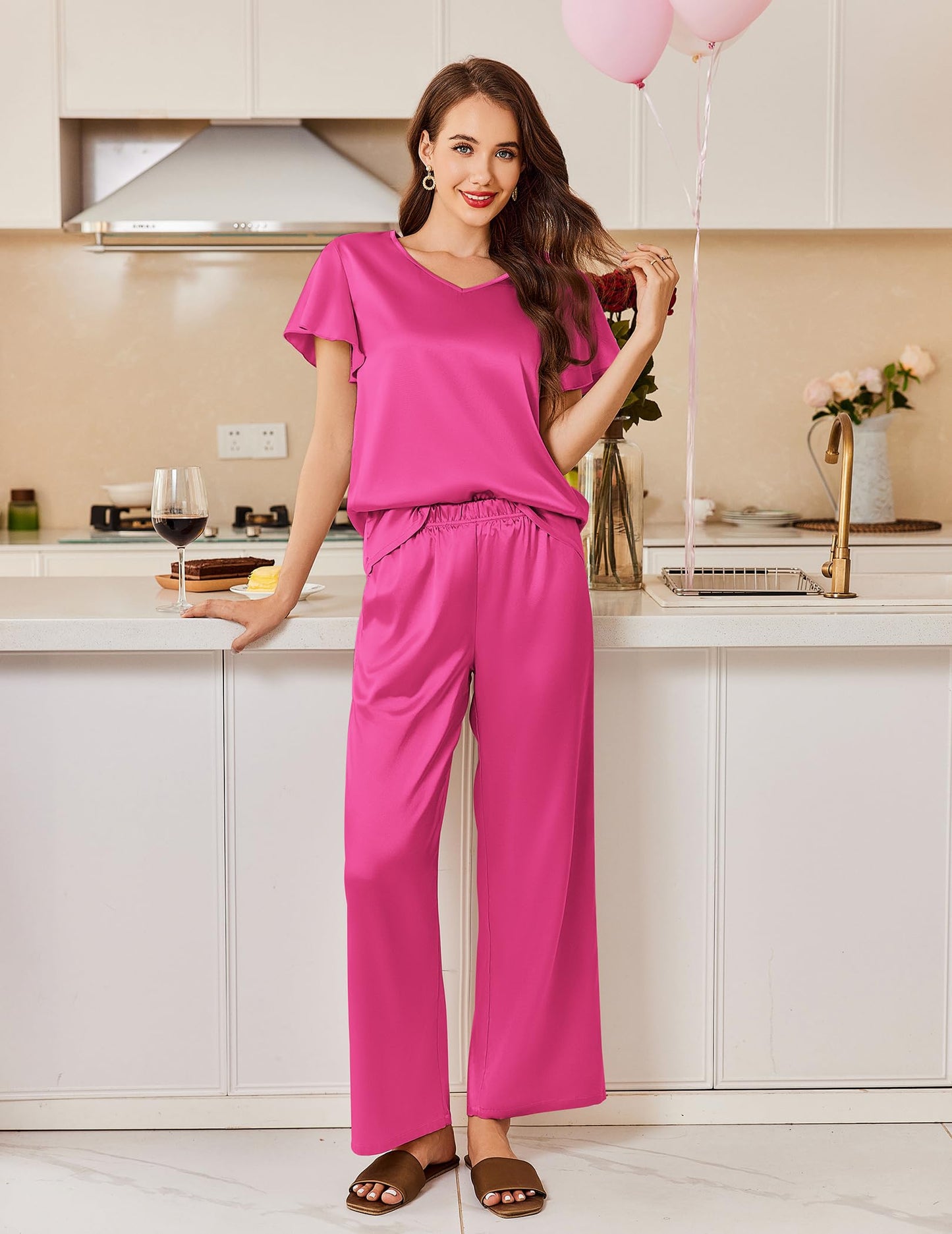 Ekouaer Women's Satin Silky Pajama Set 2 Piece Short Sleeve Shirt with Long Pants Pjs Sets Soft PJ Loungewear S-XXL