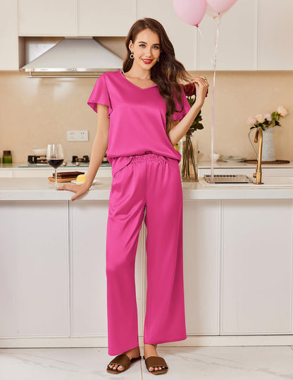 Ekouaer Women's Satin Silky Pajama Set 2 Piece Short Sleeve Shirt with Long Pants Pjs Sets Soft PJ Loungewear S-XXL