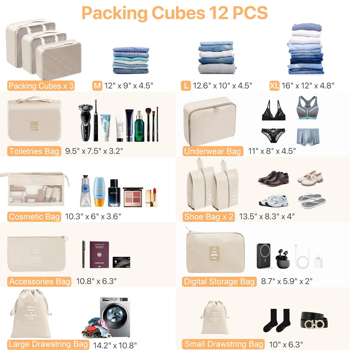 Chijoo 12-piece Packing Cubes Set (Beige), Packing Cubes for Suitcases, Travel Essentials