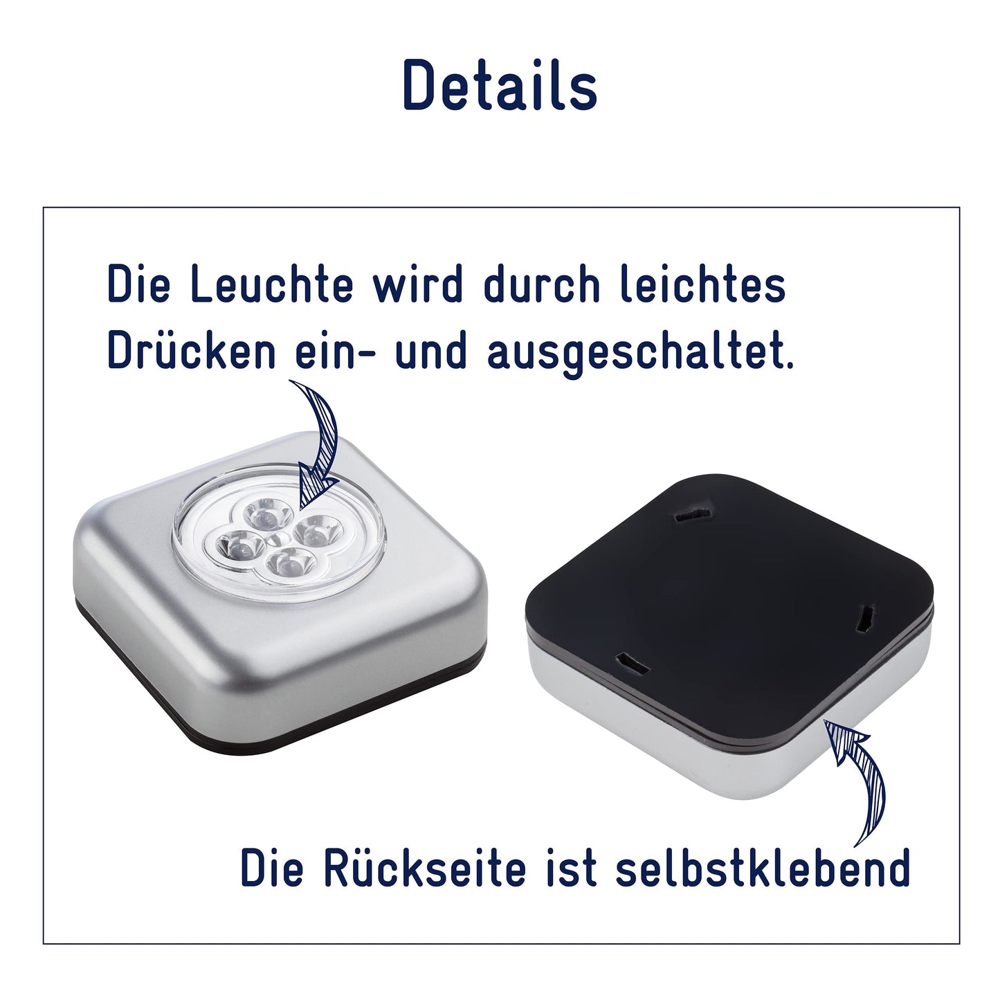 Müller-Licht 400136 LED Battery Pressure Light Set of 3 Including Adhesive Pad and 3 AAA Batteries 0.5 Watt Plastic Silver 6.8 x 6.8 x 2.5 cm