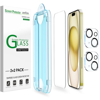amFilm Auto-Alignment OneTouch for iPhone 16 [6.1''] Screen Protector + Camera Lens Protector, Tempered Glass, 30 seconds Installation, Bubble Free, Case Friendly, Anti-Scratch [2+2 Pack]