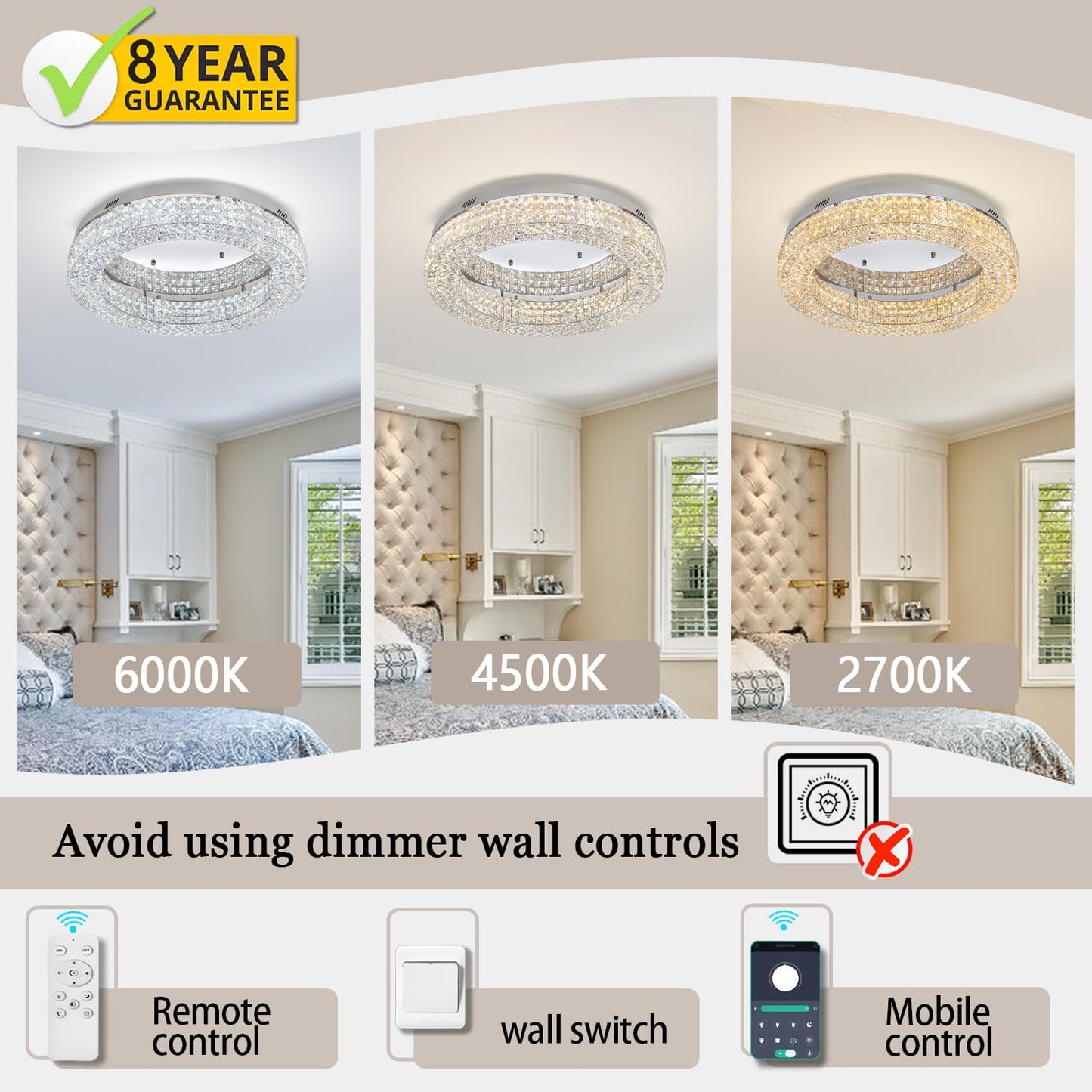 ykolupty 24" Crystal Chandeliers,Round Chandelier for Living Room Modern Ceiling Chandelier Flush Mount Ceiling Light Fixtures for Foyer Bedrooms Dining Room Hallway