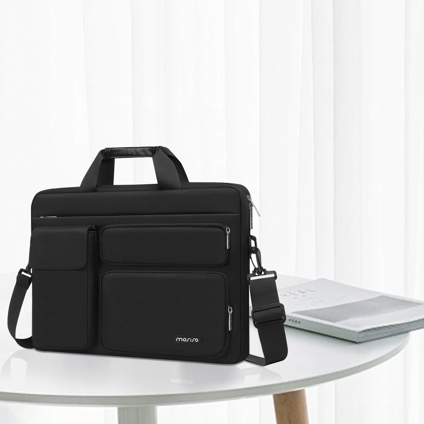 MOSISO Laptop Bag 16 inch, 15-15.6 inch Computer Shoulder Bag Compatible with MacBook Air 15 M4 M3 M2/Pro 16 M4 M3 M2 M1, Notebook &2 Raised&1 Flapover&1 Horizontal Pocket&Handle&Belt, Black