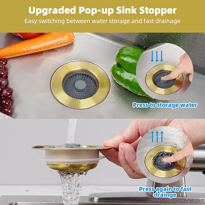 Hibbent Upgraded 3 in 1 Kitchen Sink Drain Strainer and Stopper Combo,