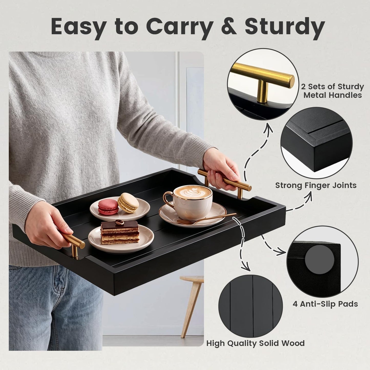 ComfyTune Wood Serving Tray with Metal Handles, 17x13in Large Wooden Tray for Ottoman, Coffee Table, Breakfast, Dinner & Bar, Decorative Tray for Living Room, Bedroom, Bathroom and Kitchen, Black