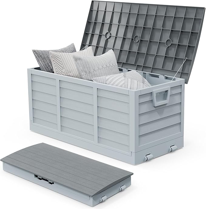 VINGLI 75 Gallon Collapsible Outdoor Storage Box, Simple-to-assemble Plastic Storage Containers with Lid, Patio Deck Box Furniture for Garden, Pool, Balcony, Yard (Grey)