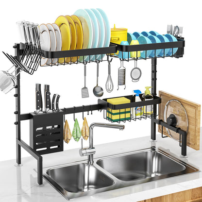 MERRYBOX Over The Sink Dish Drying Rack, 2-Tier Height:20.7in,Length:25.6-33.5in Adjustable,Stainless Steel Dish Drainer with Cutting Board Holder,Large Kitchen Dish Rack Counter Organizer Space Saver