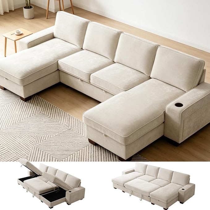 129" Convertible Sleeper Sofa Bed, L Shaped