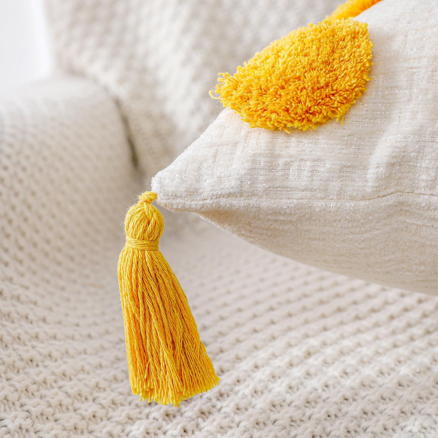 PANOD Super Soft Farmhouse Decorative Plush Throw Pillow Covers 16 x 16 Yellow,Solid Pom pom Tufted with Tassels Modern Accent Boho Square Cushion Cover Pillow Case for Couch Sofa