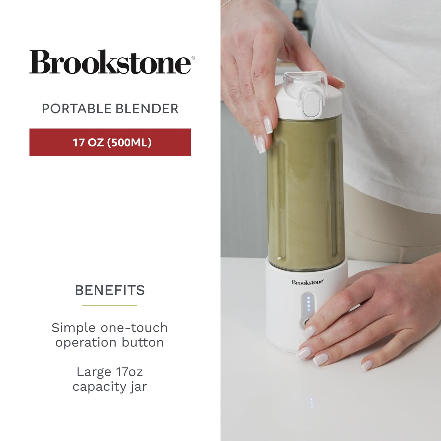 Brookstone 500mL Compact Portable Blender with Additional Lid for On-the-Go Convenience - Personal Blender Perfect for Shakes, Smoothies, Food Prep, and Frozen Blending, BPA-Free (White)