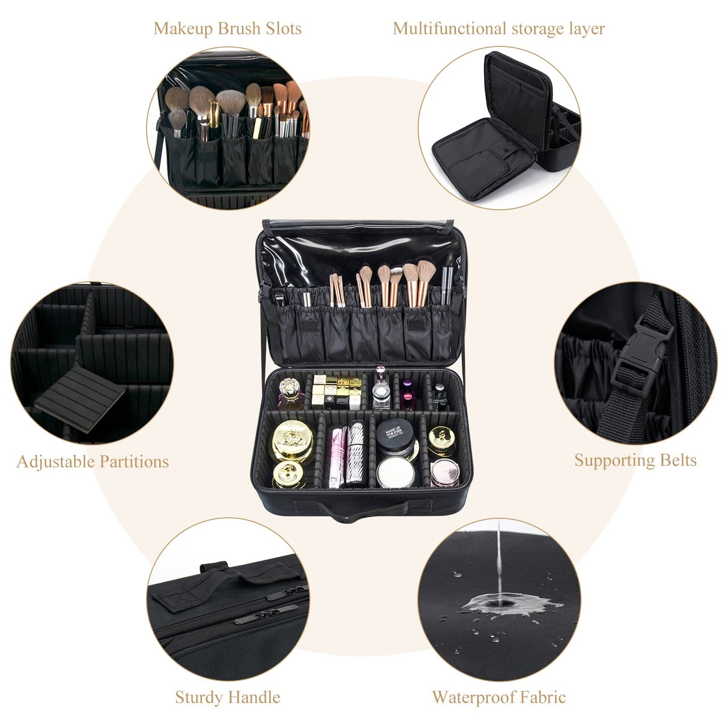 Makeup Bag Make up Case: Large Travel Cosmetic Case Organiser - Professional Portable Makeup Storage Bags for Toiletry - Make Up Artist Tool Brush Vanity Beauty Box with Adjustable Dividers | Black