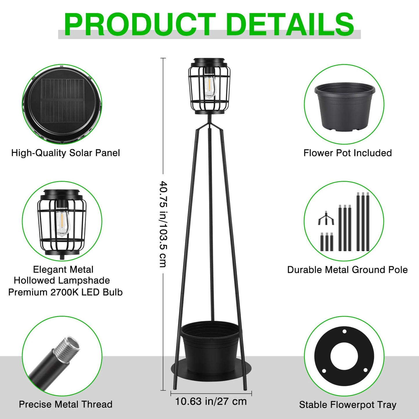 TOWPONICS 2-Pack Solar Lights with Plant Stands, 40.75'' Solar Powered Outdoor Floor Lamp with Planter, IP65 Waterproof Outdoor Lamp for Patio Deck Porch Yard Garden Decor, 8-12 Hours Lighting
