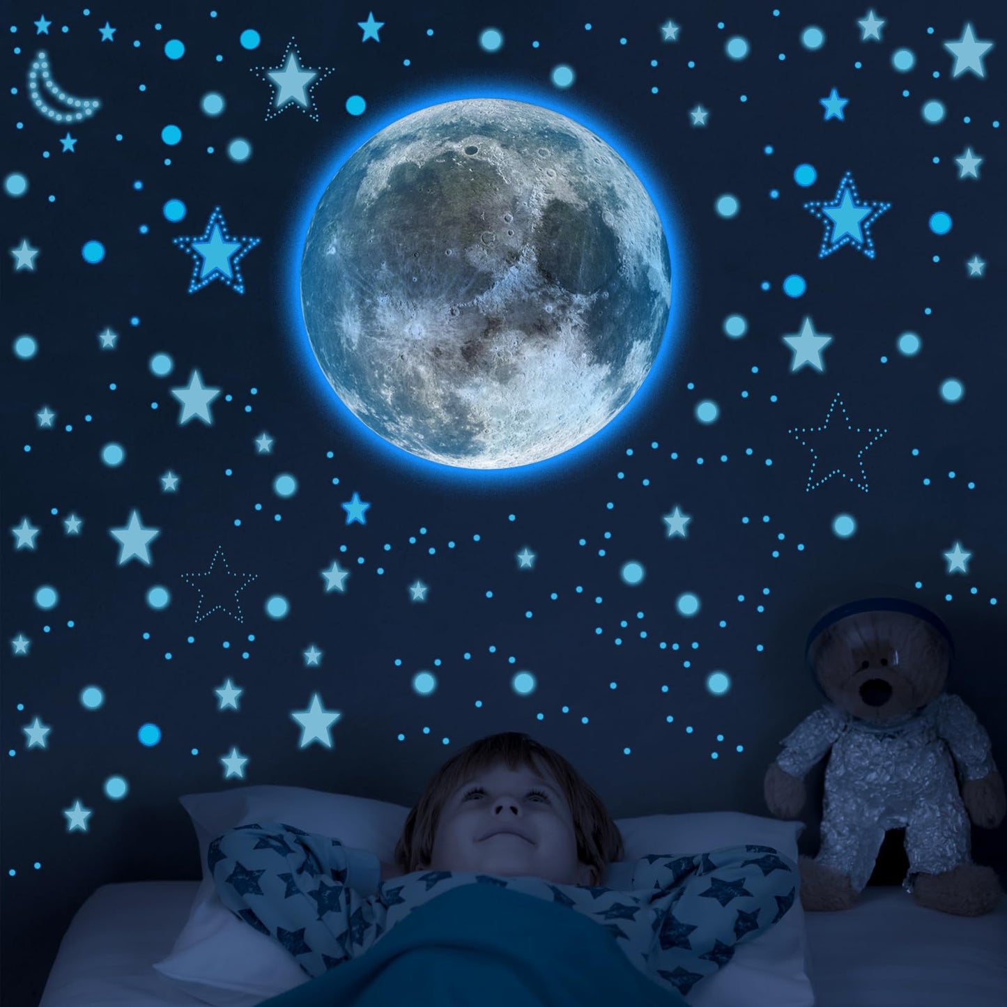 Glow in The Dark Stars and Moon for Ceiling, 951 PCS Wall Stickers for Girls Room Baby Nursery Birthday Christmas Gift for Boys（Blue）