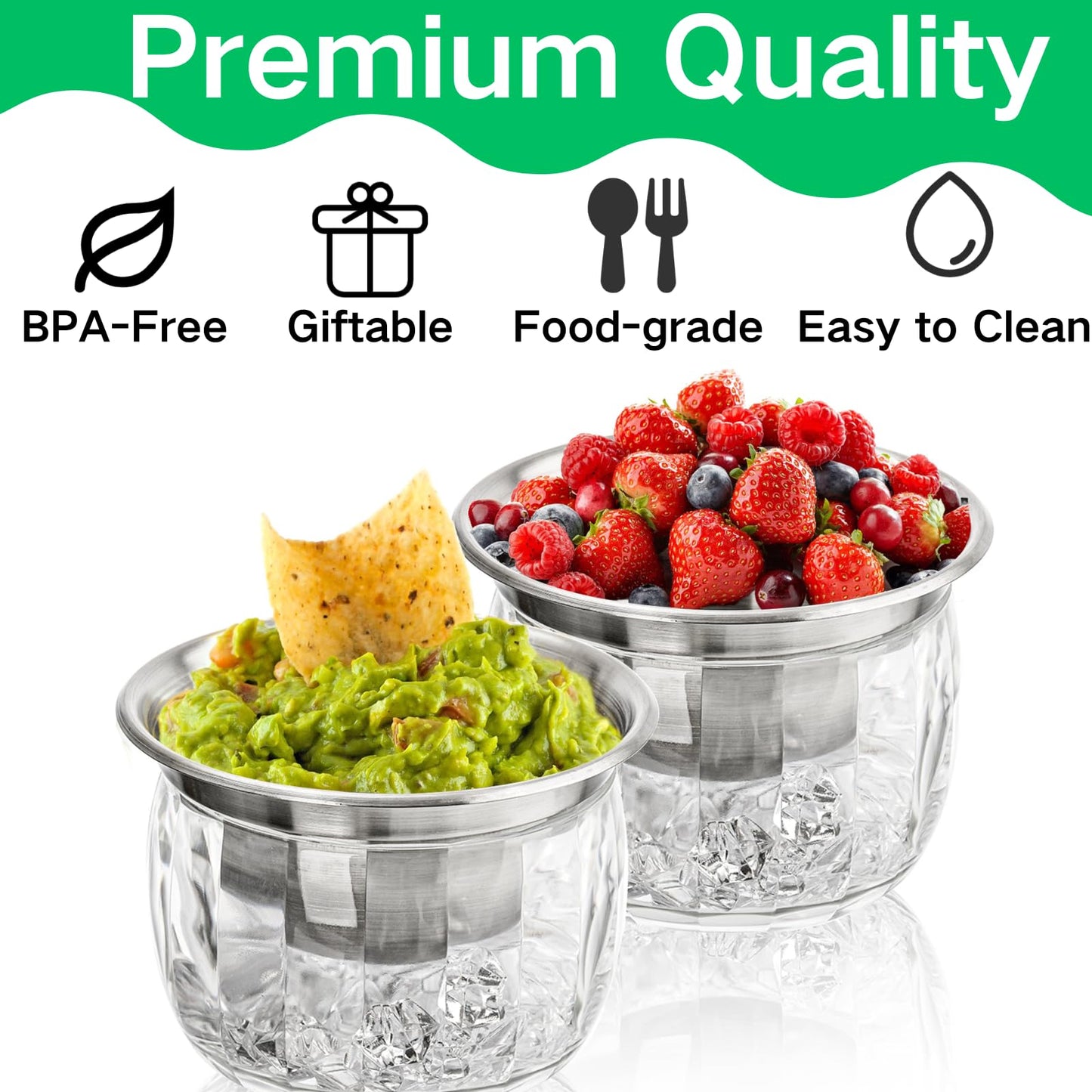 ZENFUN 2 Pack 20 Oz Chilled Dip Bowl with Acrylic Ice Bowl Base, Stainless Steel Ice Chilled Serving Dish Iced Salad Bowl Set for Chilled Pasta, Potato, Dressing, Fruit