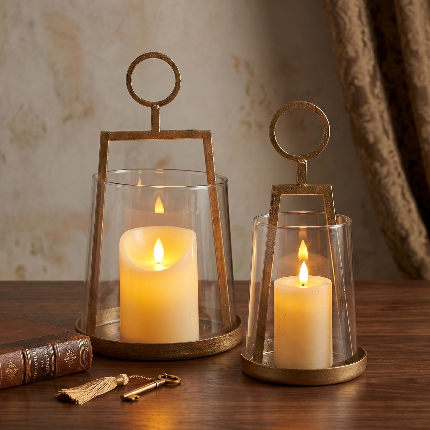 Modern Farmhouse Hurricane Candle Holder, Antique Brass Metal Centerpiece with Sturdy Glass Sleeve, Tabletop Geometric Lantern for Pillar Candles, Plants & Home Decor (6" x 10")