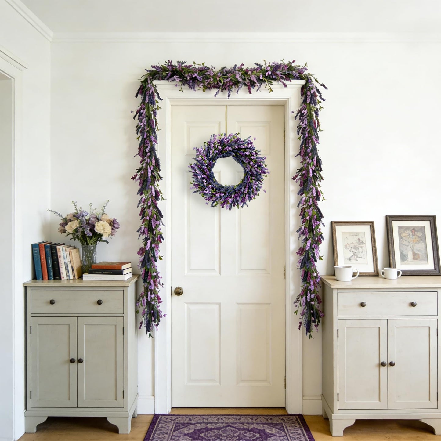 Egolot Purple Lavender Flower Garland for Mantle & Fireplace, 70Inch Spring Summer Garland for Front Door Wedding Decor, Rustic Farmhouse Indoor Outdoor Swag