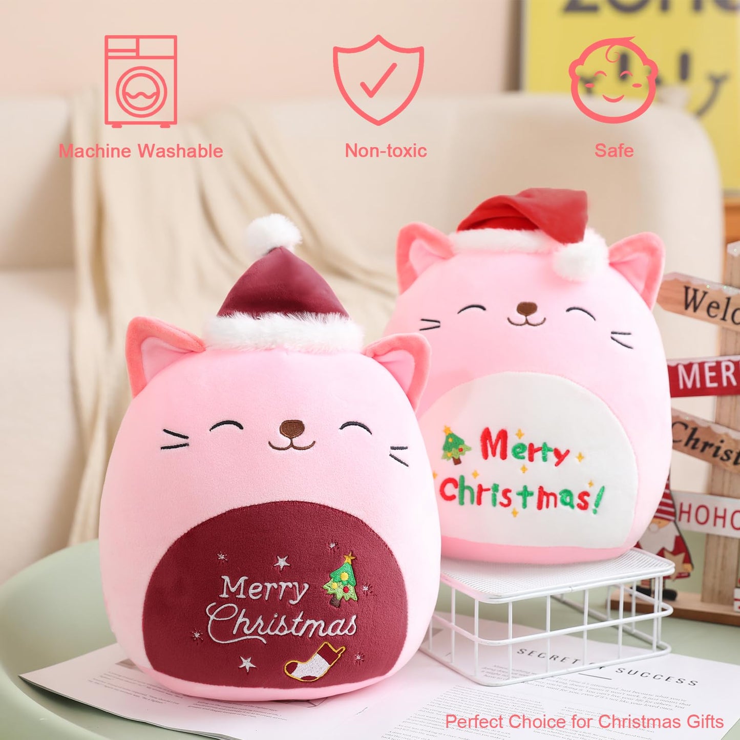 SQEQE Christmas Cat Stuffed Animal Pink Cat Plush Wearing Red Hat Kawaii Stuffed Toys Soft Home Plushie Decoration Gifts for Boys Girls (Red, 10 Inch)