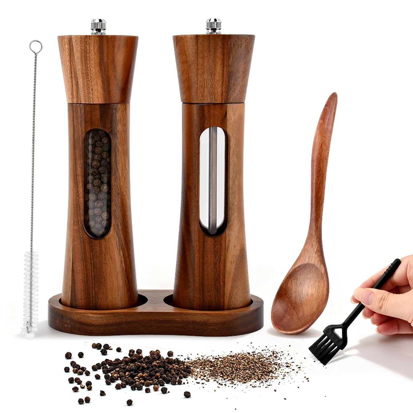 Wooden Salt and Pepper Grinder Set, Manual Spice Mills with Wooden Spoon, Cleaning Brush,Stable Base Plate,8 Inch Refillable Salt and Pepper Mills Adjustable Coarseness