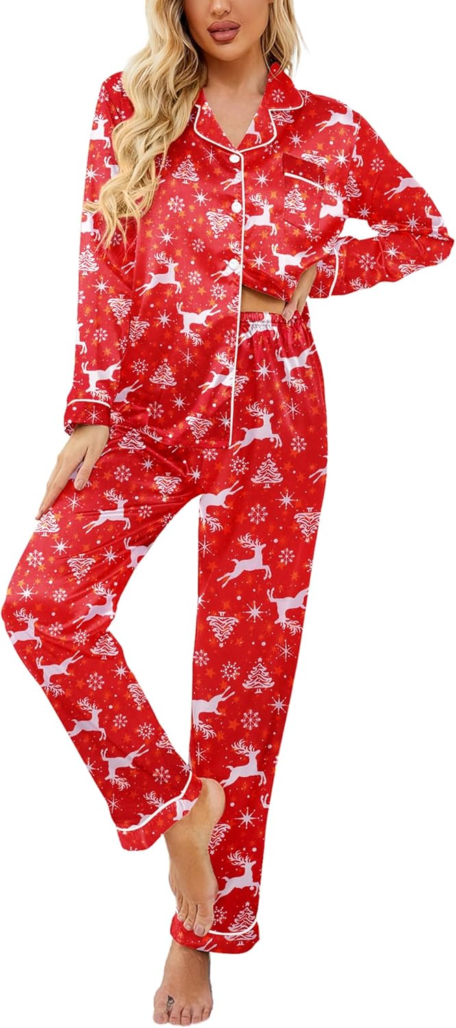 Ekouaer Women's Classic Button Down Long Satin Silk Pajama Set
