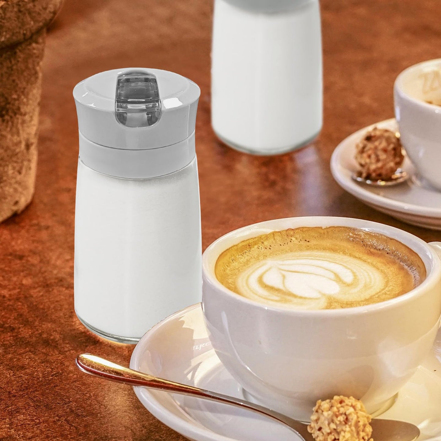Sekonow 2Pcs Glass Sugar Dispenser with Auto Flip Pour Spout, Weighted Pourer Sugar Container, 8.5oz Sugar Bowl Shaker Jar Salt Dish Holder Coffee Bar Accessories, Grey