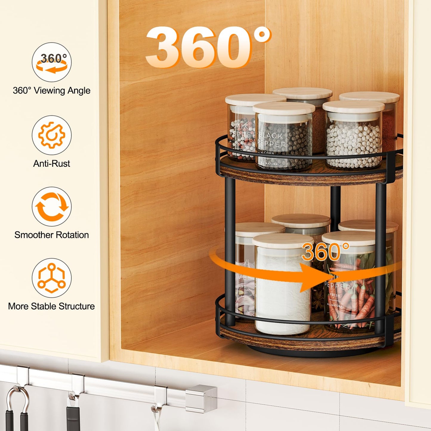 Snughome Rotating Spice Rack, 2 Tier Lazy Susan Organizer, Wood Kitchen Countertop Organizer, Brown Lazy Susan Turntable for Cabinet, 10.2" x 10.2" x 10.4"