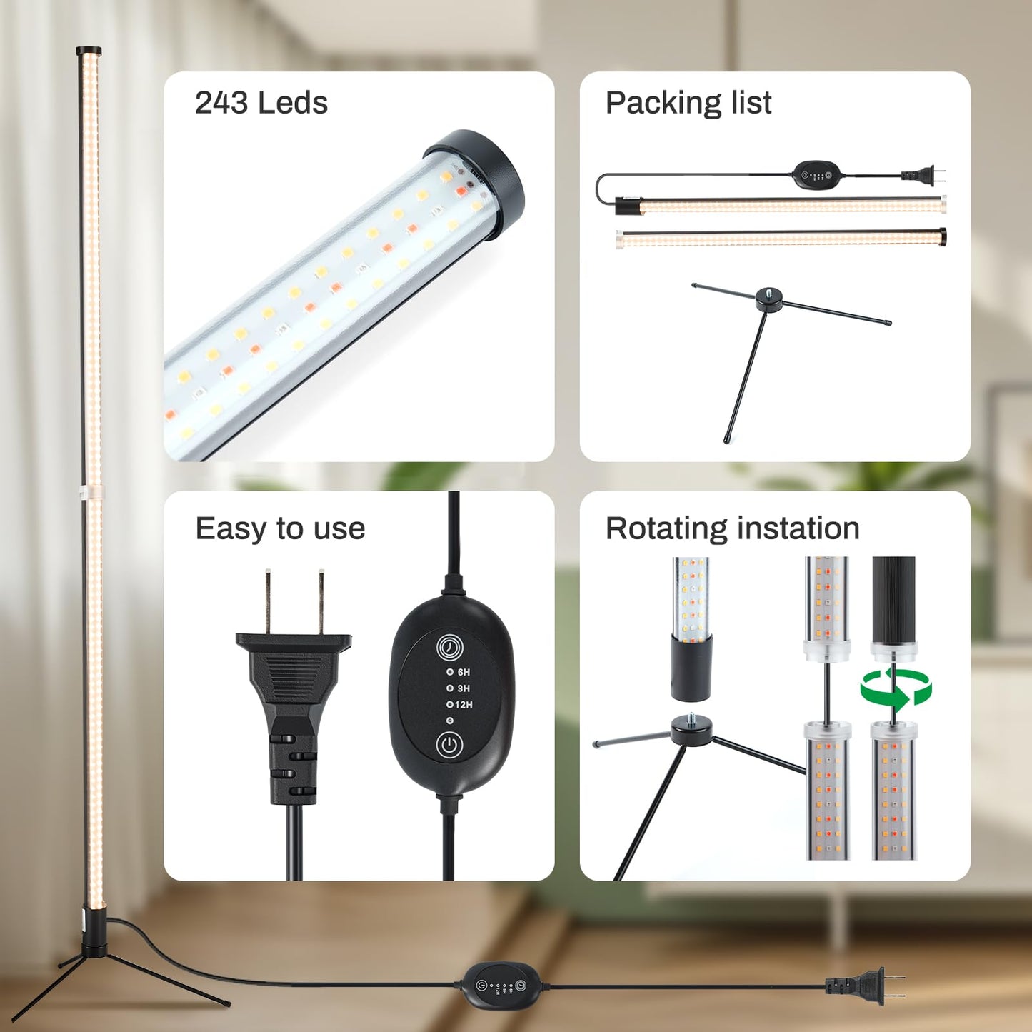Atmel Standing Grow Lights for Indoor Plants with Timer, 3 Adjustable Modes Full Spectrum Plant Lights for Indoor Growing, 243LED Plant Grow Light for Flowering, Office, Indoor Garden