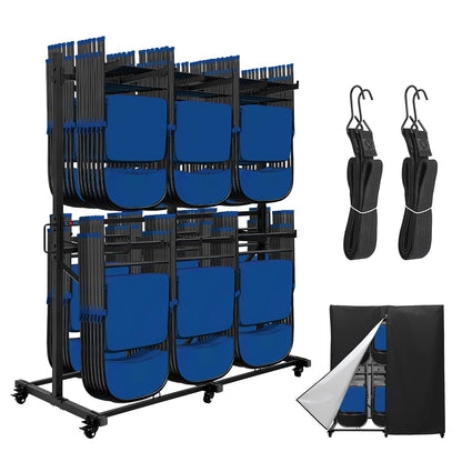 CXRCY Folding Chair Rack, Heavy-Duty Two Tier Folding Chairs Cart with 6 Tank Wheels, 800LBS Capacity for 84 Chairs or 12 Tables, 2 Elastic Band, Dust Cover