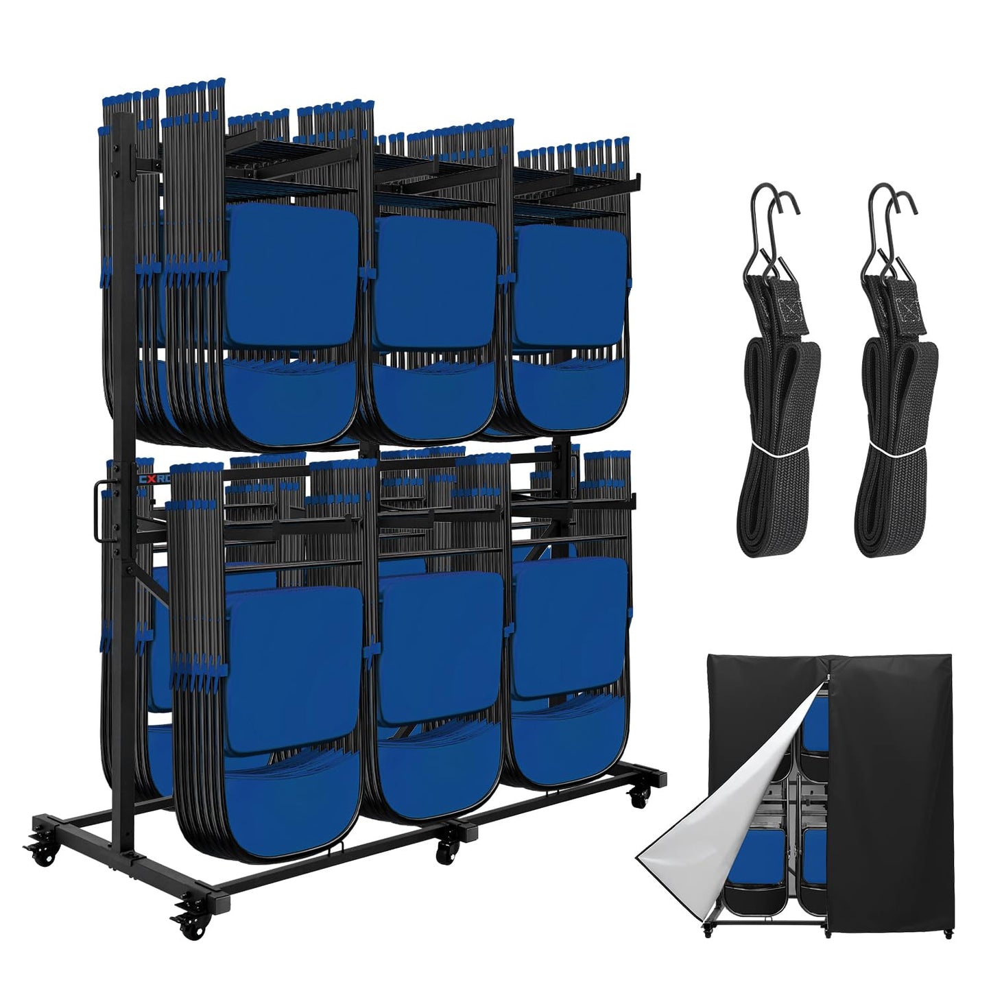 CXRCY Folding Chair Rack, Heavy-Duty Two Tier Folding Chairs Cart with 6 Tank Wheels, 800LBS Capacity for 84 Chairs or 12 Tables, 2 Elastic Band, Dust Cover