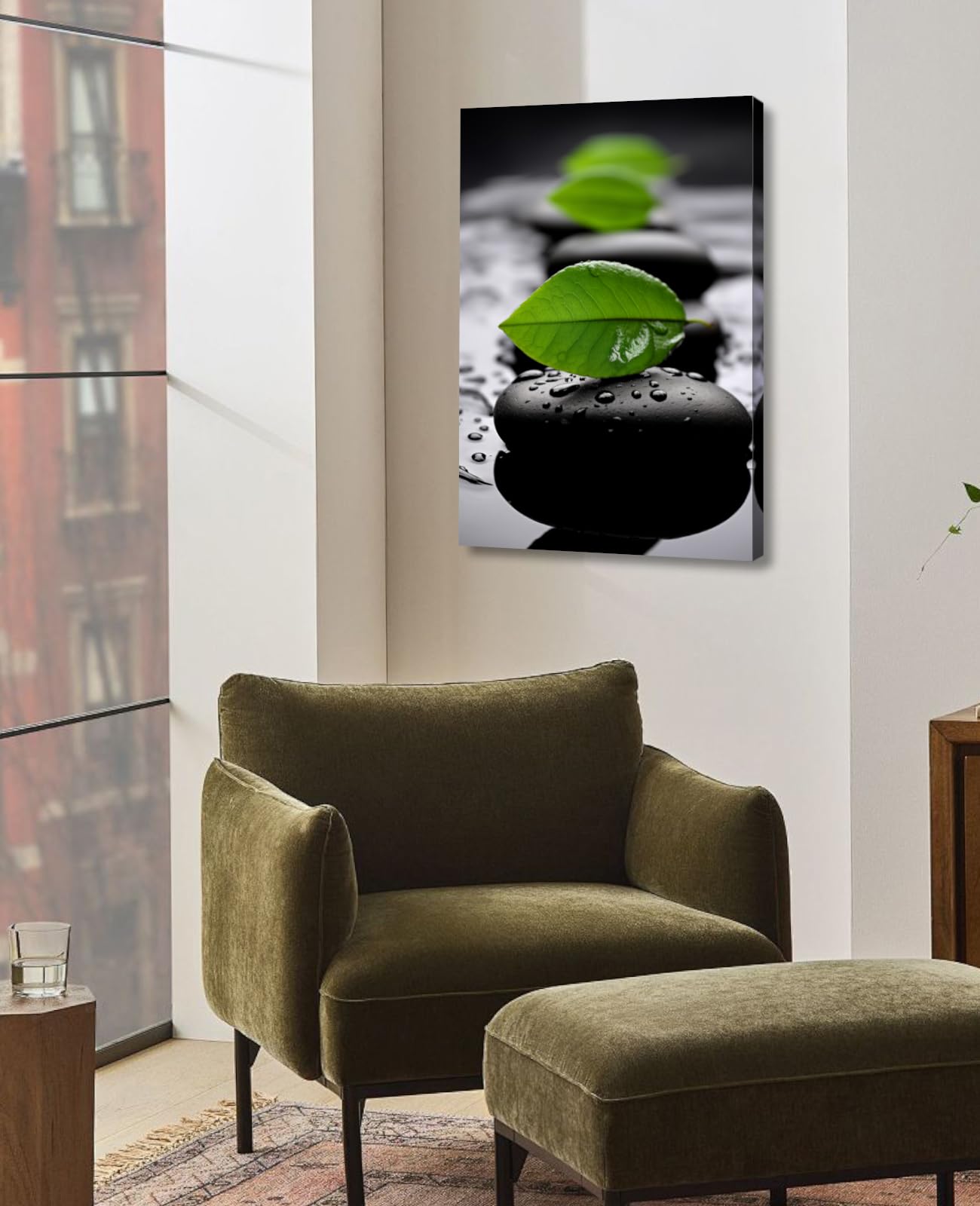 LYUNSHUO Zen Wall Art,Black SPA Stones Canavs Print Green Leaf Picture Spiritual Room Wall Decor Meditation Still Life Painting Framed Artwork for Bathroom Office Home Decor(Art-2,12.00"x18.00")