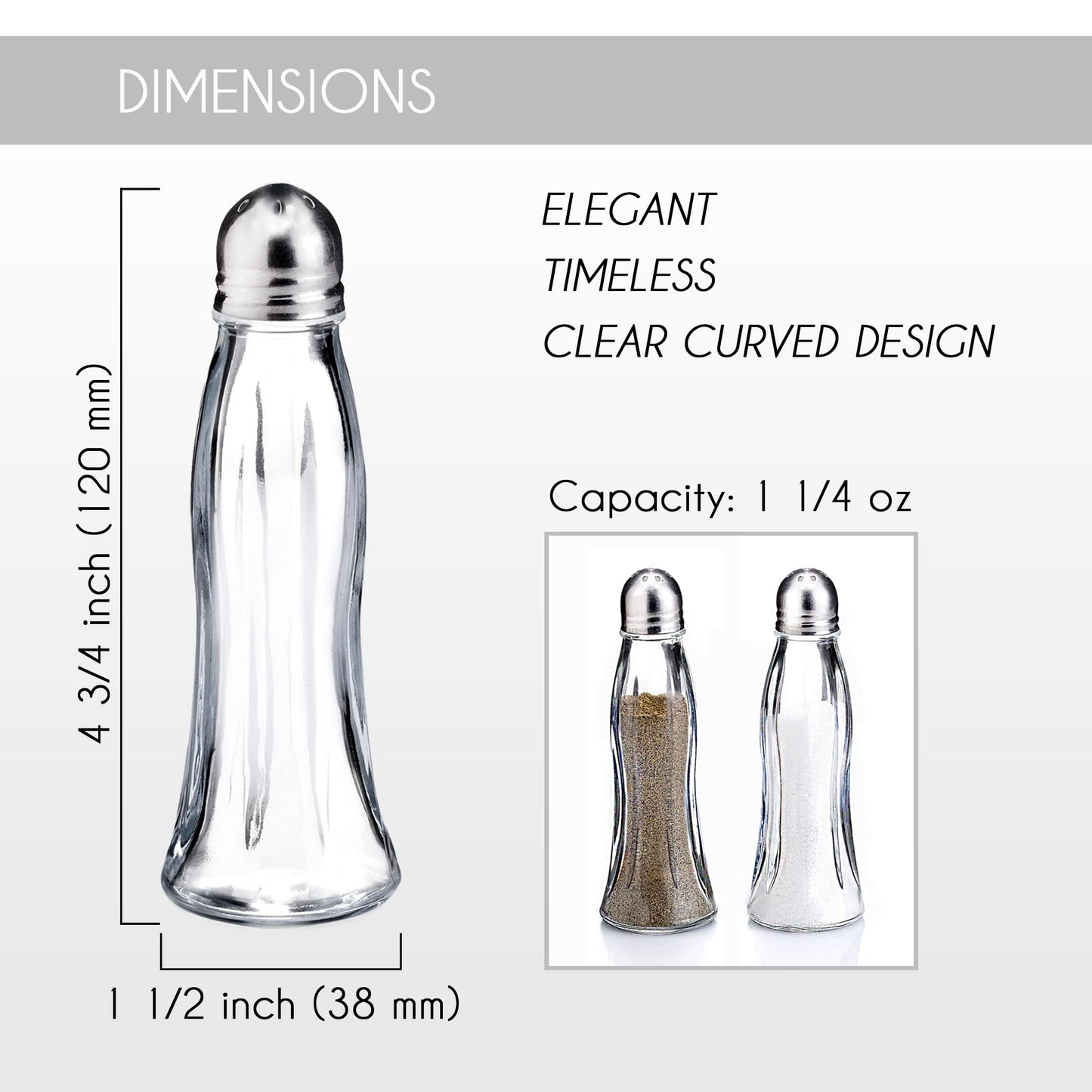 Salt and Pepper Shakers Glass Set, Clear Curved Design, Classic Restaurant Style, Glass Body with Stainless Steel Lids, 4.7 in