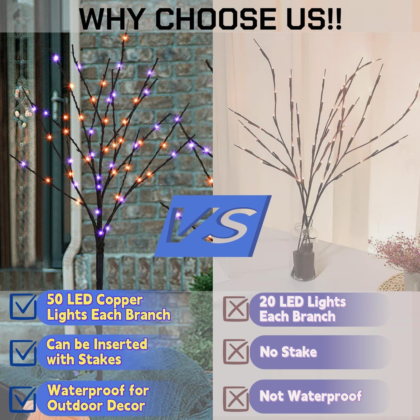Lighted Halloween Tree Branches, 30IN 100LED Artificial Black Twig Branch with Purple&Orange Fairy Lights, Built-in Timer & Battery Operated, Waterproof for Outdoor Pathway Lawn Garden Decorations