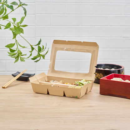 Restaurantware Take Out Box 200 Pack of 23 oz Paper 6-Compartment Food Container Grease-Resistant with Window Kraft Bento Box for Cookies, Sandwiches, Takeaway