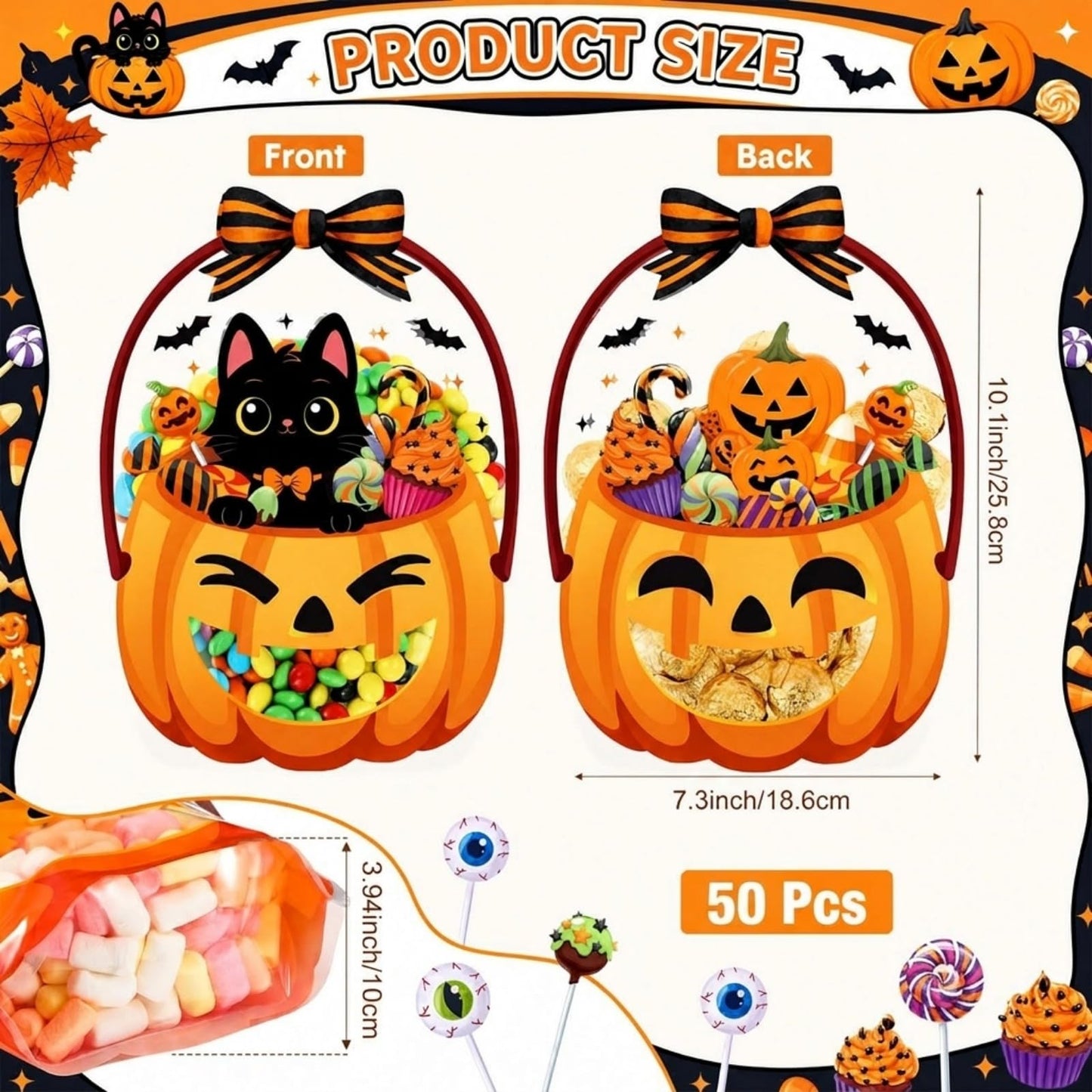 Fuutreo 50 Pcs Halloween Plastic Bags Clear Black Cat Pumpkin Sealed Gift Pouches with Handles Resealable Scary Holiday Favor Bags for Halloween Holiday Party Candy Gift Wrapping Supplies Decoration
